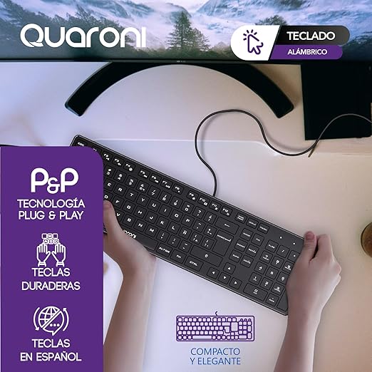 Teclado TAQ01, Conectividad alámbrica USB, 104 Teclas, construcción plástica, Longitud de Cable 1.4 Metros
