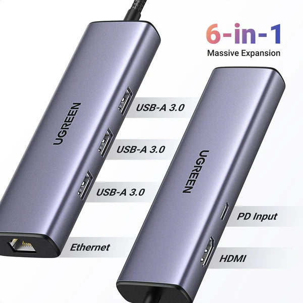 Adaptador HUB USB-C 6 en 1 | USB-A | HDMI 4k | Ethernet 1Gbps | USB-C |