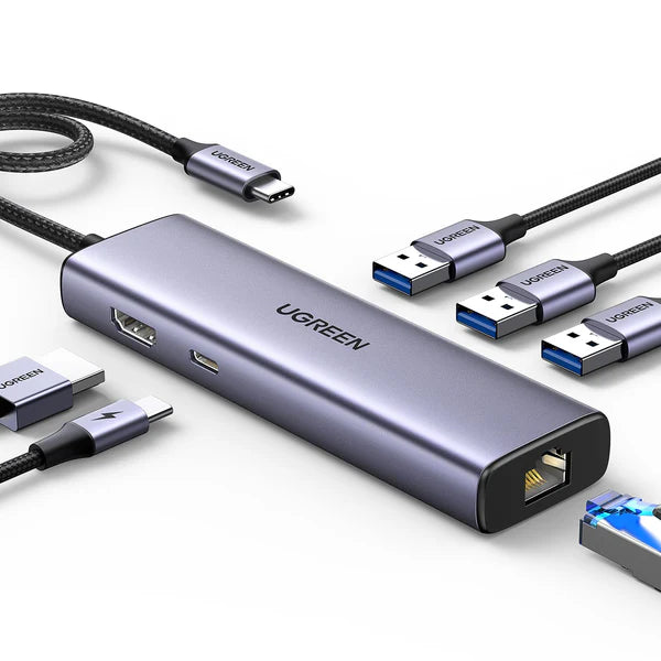 Adaptador HUB USB-C 6 en 1 | USB-A | HDMI 4k | Ethernet 1Gbps | USB-C |